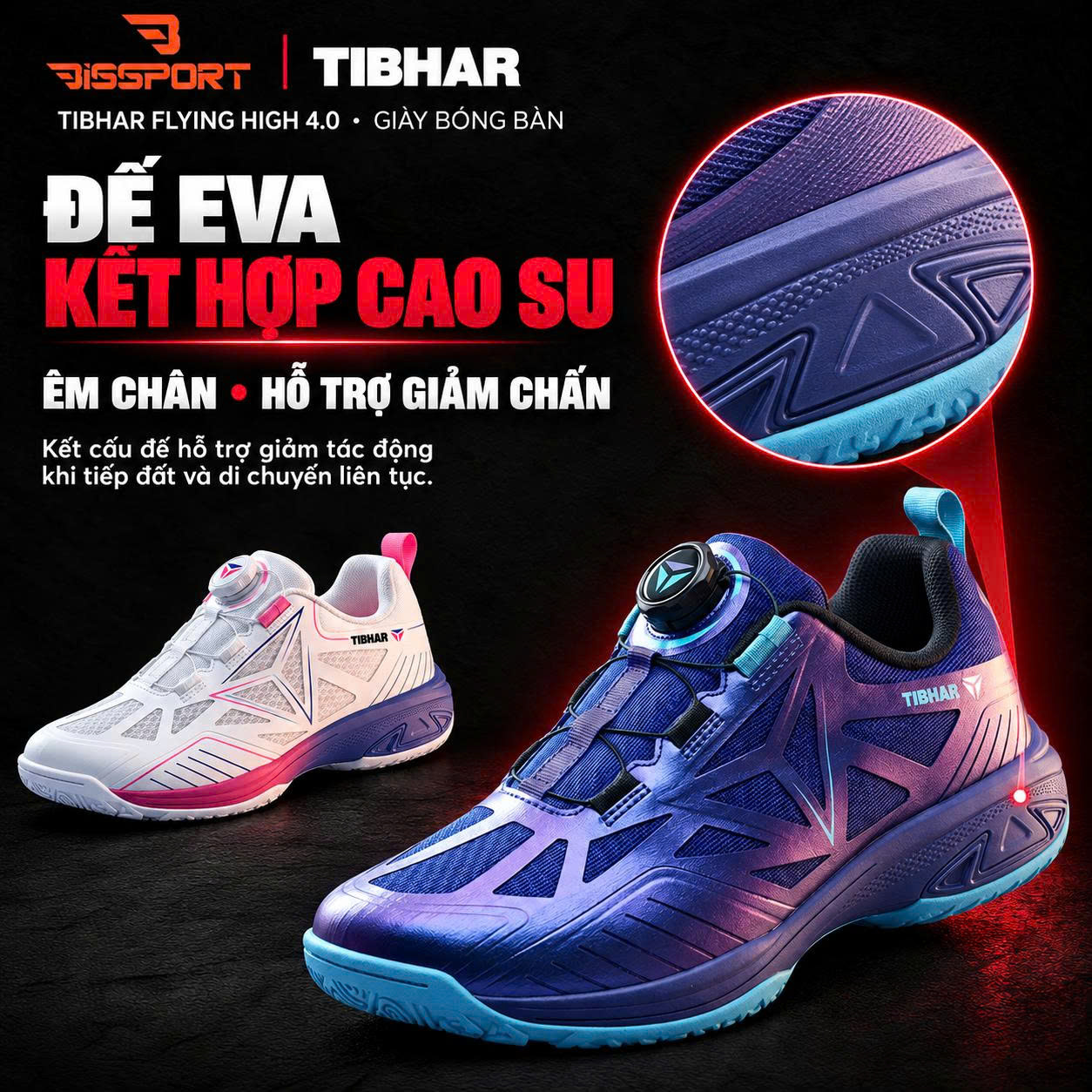 Giày Bóng Bàn TIBHAR Flying High 4.0 02603 Chính Hãng - Trắng Xanh Hồng - Nhẹ Và Bám Sàn - Thoáng Khí - Chống Trượt